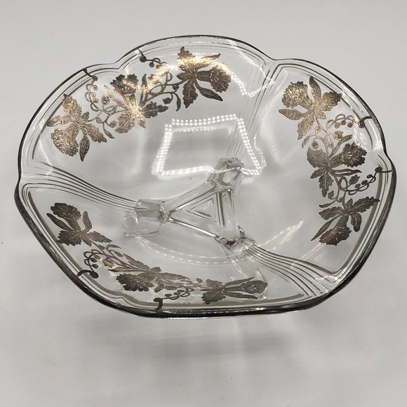 Vintage Clear Glass Footed Serving Dish Plate Overlay Trim Flowers - Picture 9 of 9